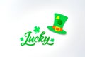 Lucky lettering decorated with cloverleafs and LeprechaunÃ¢â¬â¢s hat.